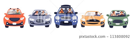 People driving cars. Men and women in automobiles. Drivers with passenger or traveling companion. Vehicle front view. Auto trip. City road traffic. Urban transport. Garish vector set People driving cars. Men and women in automobiles. Drivers with passenger or traveling companion. Vehicle front view. Auto trip. City road traffic. Urban transport. Garish vector set 113808092