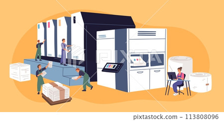 Printhouse workers. Newspaper or magazine publication. Periodical printing publishing. People work on polygraphy machines. Typography equipment. Press office. Garish vector concept 113808096