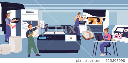 Printing house staff working. Polygraphy productions. People in printshop. Typography machines. Professional equipment. Color correction. Press office employees. Garish vector concept 113808098