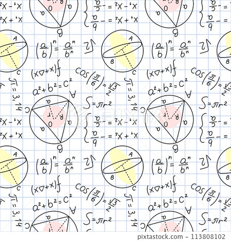 Seamless math formulas pattern. School equations. Geometric diagrams and drawings on piece of notebook in cage. Mathematical education. Algebra calculations. Garish vector background 113808102