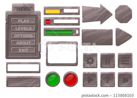 Stone frames and buttons. Cartoon user interface elements. Medieval style. Rocky texture GUI menu. Plaques and loading progress bars. Boards with fissures. Vector game UI icons set Stone frames and buttons. Cartoon user interface elements. Medieval style. Rocky texture GUI menu. Plaques and loading progress bars. Boards with fissures. Vector game UI icons set 113808103