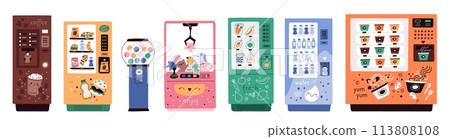 Vending machines. Electronic devices for sale of snacks and drinks. Automatic retail products. Gashapon toys. Fast food and beverages sell equipment. Coffee appliance. Garish vector set Vending machines. Electronic devices for sale of snacks and drinks. Automatic retail products. Gashapon toys. Fast food and beverages sell equipment. Coffee appliance. Garish vector set 113808108