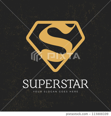 Yellow superhero shield with letter S logo template. Stock vector illustration isolated on dark background. Yellow superhero shield with letter S logo template. Stock vector illustration isolated on dark background. 113808109