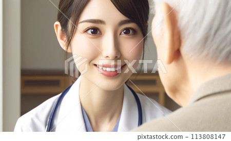 A young Japanese female doctor examining an elderly man 113808147