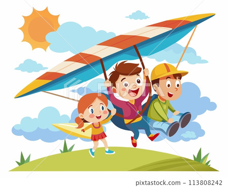 Kids playing with hang glider in the park. Vector illustration graphic design Kids playing with hang glider in the park. Vector illustration graphic design 113808242