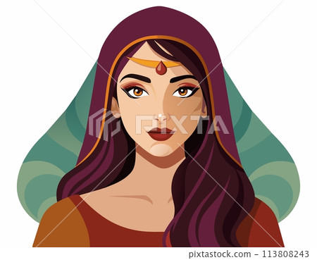 Beautiful Indian woman face. Vector illustration of a beautiful Indian woman. Beautiful Indian woman face. Vector illustration of a beautiful Indian woman. 113808243