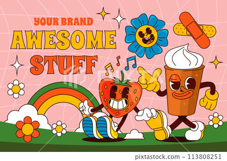 Hand drawn cartoon groovy characters composition 113808251