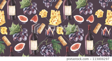 Watercolor bottles and glasses of red wine decorated with cheese, blue grapes, figs, black olives, star anise and cork. Hand painted seamless pattern 113808297