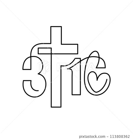 Biblical Phrase form John 3:16. Continuously one art line logo cross icon about God love. True Story, typography for print or use as poster, card, flyer Biblical Phrase form John 3:16. Continuously one art line logo cross icon about God love. True Story, typography for print or use as poster, card, flyer 113808362
