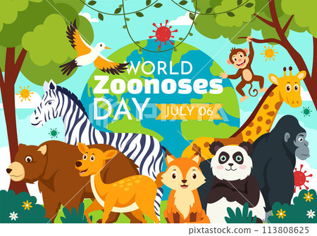 World Zoonoses Day Vector Illustration on 6 July with Various Animals and Plant which is in the Forest to Protect in Flat Cartoon Background Design 113808625