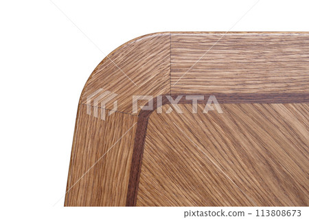 Closeup of wooden table top made of solid oak and veneer of marquetry technique on white background 113808673