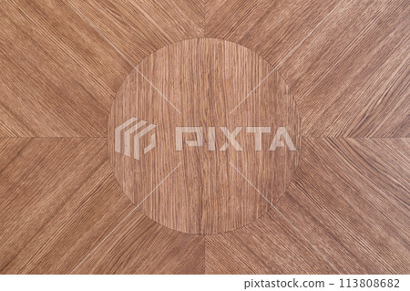 Wooden tabletop made of solid oak and oak veneer of marquetry technique as background 113808682