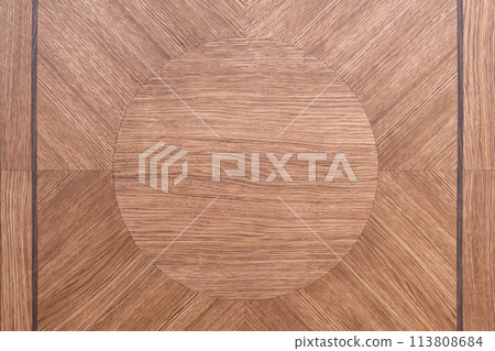 Wooden tabletop made of solid oak and oak veneer of marquetry technique as background 113808684