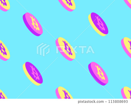 Seamless pattern with coins with Bitcoin symbol. 3D Bitcoin coin in pink, yellow and purple colors. Bitcoin cryptocurrency, crypto trading. Design of wallpaper, banner and poster. Vector illustration 113808693