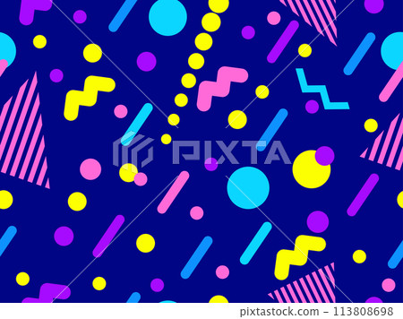 Geometric seamless pattern with memphis elements in 80s style. Colorful geometric pattern. Design of promotional products, wrapping paper and printing. Vector illustration Geometric seamless pattern with memphis elements in 80s style. Colorful geometric pattern. Design of promotional products, wrapping paper and printing. Vector illustration 113808698
