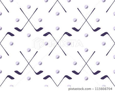 Seamless pattern with golf clubs. Black and white pattern with golf putter and a golf ball in a minimalist style. Design for print, banners and posters, promotional items. Vector illustration 113808704