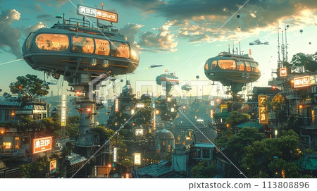 Futuristic anime cityscape with flying cars, high-tech billboards and green roofs against evening sky in golden war light. 113808896
