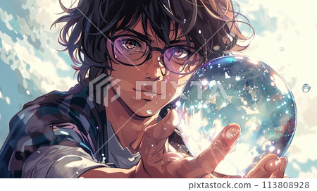 Anime illustration. Portrait of Japanese man wearing glasses holding crystal ball in his hand against cloudy sky background. Cartoon art style. 113808928