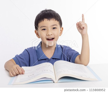 Excited asian child schoolboy studying at home and hand pointing up Excited asian child schoolboy studying at home and hand pointing up 113808952