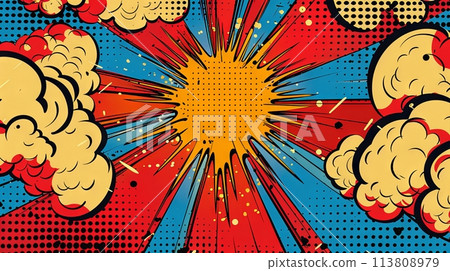 Retro comic style blast with radiating lines and cloud puffs on dotted red backdrop. Pop art comic style pattern. Background, wallpaper. 113808979