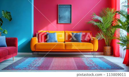 Energetic living room interior in bold contrast of colors, plush yellow sofa with blue and red cushions is centerpiece, set against dual-toned wall of teal and hot pink, textured rug, lively plants 113809011
