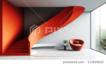 Minimalist interior design in bold hues, red spiral staircase contrasts with white and grey tones of the room, sleek white bench, stylish red chair, small table, natural light from large window Minimalist interior design in bold hues, red spiral staircase contrasts with white and grey tones of the room, sleek white bench, stylish red chair, small table, natural light from large window 113809020