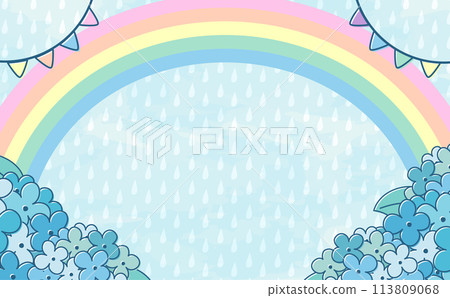 Cute rainy season background frame design with stylish and pop copy space of hydrangea and rainbow motif 113809068