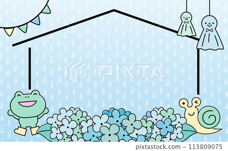 A pop rainy season background frame material with motifs of a house, hydrangea, baby frog, and a Teru Teru Bouzu. 113809075