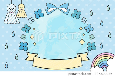 Title design frame background with pop copy space of summer/rainy season hydrangea and rain motif 113809076