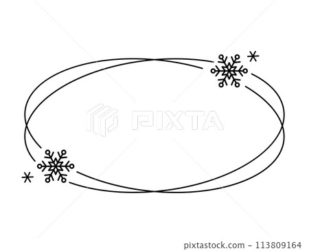 Trendy christmas winter linear oval frame with snowflake, Modern minimalist aesthetic line elements, geometric forms. Vector sparkle for social media or poster design, simple decorative boho style 113809164