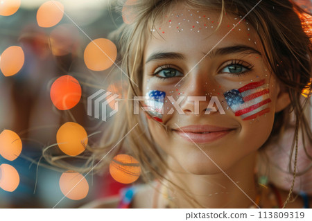 4th of July concept - beautiful female with USA flag on her cheek 113809319