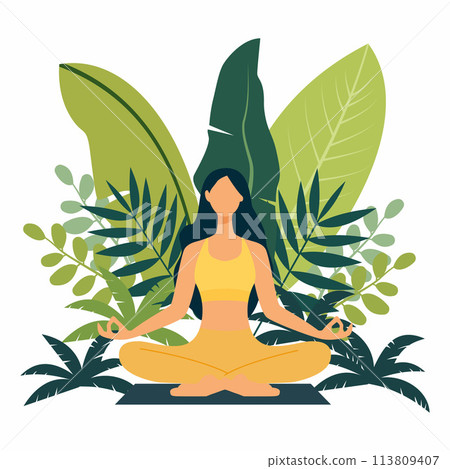 Woman Sitting is Practicing Yoga Meditation with Green Leaves Background 113809407
