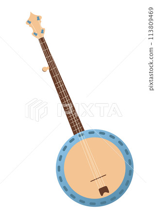 Banjo, stringed acoustic wooden banjo with fretboard. African-American music instrument. Cowboy aesthetic concept. Wild west, country style. Flat vector illustration isolated on white background. 113809469