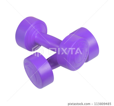 Two bright colored athletic rubber dumbbells isolated on white background 113809485