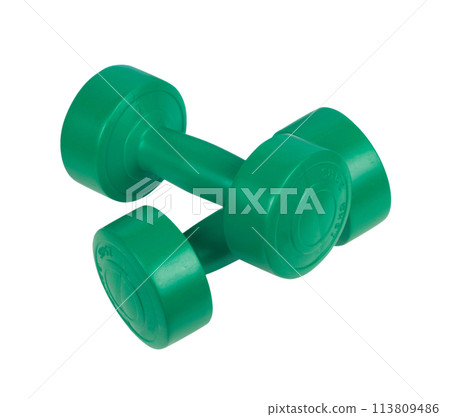 Two bright colored athletic rubber dumbbells isolated on white background 113809486