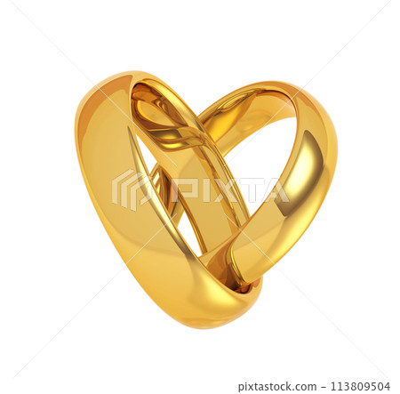 Two golden wedding rings in a heart shape Two golden wedding rings in a heart shape 113809504