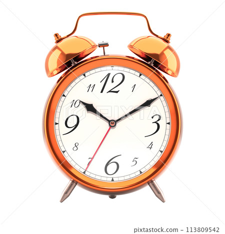 Alarm clock, vintage style red orange metallic color clock with black hands. Alarm clock, vintage style red orange metallic color clock with black hands. 113809542