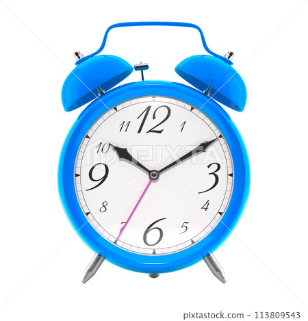 Alarm clock, vintage style blue color clock with black hands. Alarm clock, vintage style blue color clock with black hands. 113809543