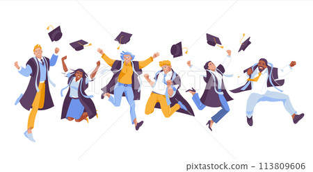 A group of graduate students jump together. Happiness. Diploma. Vector flat illustration 113809606