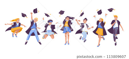 A group of graduates jump together. Children. Happiness. Diploma. Vector flat illustration 113809607