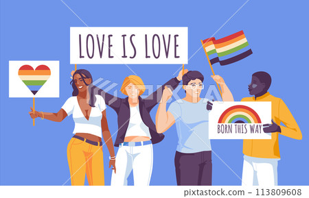 LGBT Pride Day. Diversity of people at demonstrations with rainbow flags. Activists together. Vector flat illustration 113809608