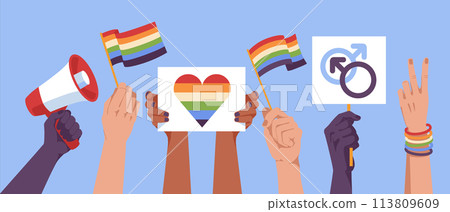 LGBT Pride Day. Diversity multiracial people hands in demonstrations with rainbow flags. Activists together. Vector flat illustration 113809609