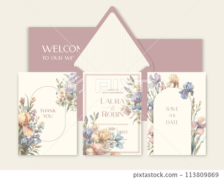 Luxury wedding invitation card background with watercolor iris flowers and botanical leaves. 113809869