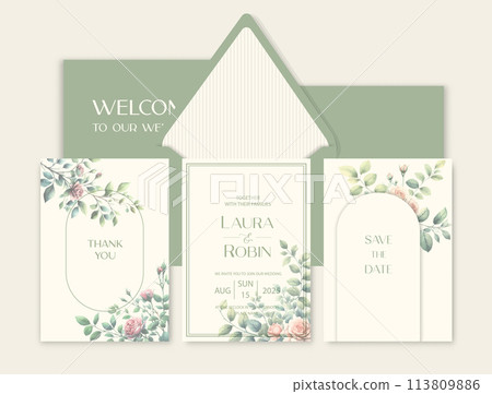 Luxury wedding invitation card background with watercolor rose flowers and botanical leaves. 113809886