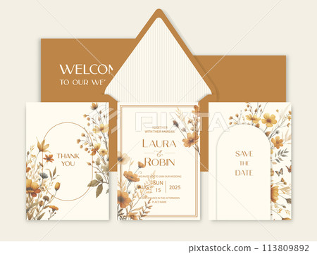 Luxury wedding invitation card background with watercolor dried flowers and botanical leaves. Luxury wedding invitation card background with watercolor dried flowers and botanical leaves. 113809892