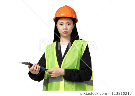 PNG, Asian girl in the role of construction worker, isolated on white background. PNG, Asian girl in the role of construction worker, isolated on white background. 113810213