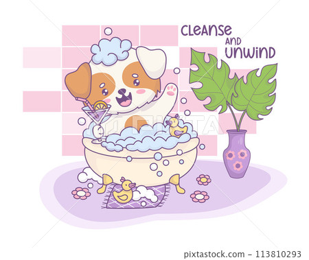 Cute smiling cartoon dog bathes in bath with foam and relaxing with cocktail. Funny kawaii animal character. Vector illustration. Cool card about water treatments in bathroom and relaxing holidays. Cute smiling cartoon dog bathes in bath with foam and relaxing with cocktail. Funny kawaii animal character. Vector illustration. Cool card about water treatments in bathroom and relaxing holidays. 113810293