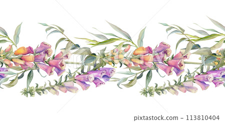 Hand drawn watercolor illustration shabby boho botanical flowers leaves. Willow eucalyptus branch, foxglove snapdragon lupin. Seamless banner isolated on white background. Design wedding, love cards Hand drawn watercolor illustration shabby boho botanical flowers leaves. Willow eucalyptus branch, foxglove snapdragon lupin. Seamless banner isolated on white background. Design wedding, love cards 113810404
