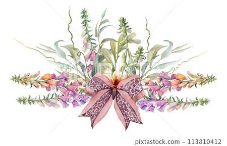 Hand drawn watercolor illustration botanical flowers leaves. Foxglove snapdragon lupin, mauve pansy viola, willow eucalyptus branches, columbine. Bouquet isolated on white. Design wedding, love cards 113810412