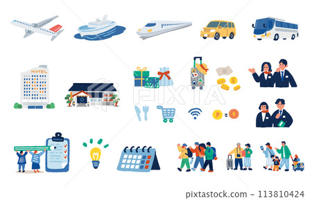 彩色手繪插圖集旅行人和圖標 113810424